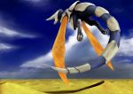  blue_skin cloudy_sky dragon dragon_tail flying no_humans panzer_dragoon sand solo tail wings 