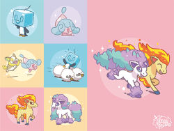  &gt;_o character_name chasing closed_eyes dog eiscue eiscue_(ice) fire full_body galarian_ponyta hatenna horns horse ice ice_block james_turner no_humans official_art one_eye_closed open_mouth pokemon pokemon_(creature) pokemon_focus ponyta running second-party_source sheep single_horn smile sparkle tongue tongue_out wooloo yamper 