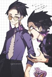  1boy ^_^ absurdres angry arbok arm_up artist_name aya_(ayamenora) belt black-framed_eyewear black_belt black_hair black_jacket black_pants closed_eyes collared_shirt commentary_request corbeau_(pokemon) cowboy_shot fingernails forked_tongue furious glasses grid_background highres holding holding_unworn_clothes holding_unworn_jacket jacket lapels layered_sleeves long_sleeves male_focus multiple_views open_clothes open_jacket open_mouth orange_eyes pants parted_hair pokemon pokemon_(creature) pokemon_legends:_z-a purple_shirt round_eyewear shirt shirt_tucked_in short_hair smile standing teeth tongue translation_request wide-eyed wing_collar 