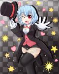  b.leaf blue_hair blush boots bowtie breasts cleavage detached_collar fishnet_pantyhose fishnets gloves hat highres leotard magician open_mouth pantyhose red_eyes ribbon short_hair smile solo star tatara_kogasa thigh-highs thigh_boots thighhighs top_hat touhou tuxedo wink 