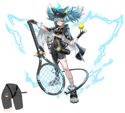  1girl absurdres amamiyayk animal_ears ass ball black_gloves blue_hair braid cat_ears cat_girl full_body gloves hat highres looking_at_viewer monkey_ears monkey_girl orange_eyes original racket shoes short_hair solo tail tennis tennis_ball tennis_racket twintails white_background 