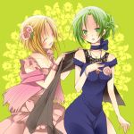  alternate_costume blush closed_eyes dress eyes_closed flower formal green_eyes green_hair hair_flower hair_ornament hair_up hibiki_mio higurashi_no_naku_koro_ni jewelry long_hair multiple_girls necklace open_mouth orange_hair rose ryuuguu_rena shawl short_hair smile sonozaki_mion 