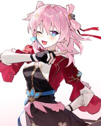  1girl bell belt black_dress black_gloves blue_belt blue_eyes breasts chinese_clothes commentary cropped_jacket dress earrings fingerless_gloves flower gloves hair_flower hair_ornament hairpin hand_on_own_hip hashtag-only_commentary high_belt highres honkai:_star_rail honkai_(series) jacket jewelry jingle_bell long_sleeves march_7th_(honkai:_star_rail) march_7th_(hunt)_(honkai:_star_rail) medium_breasts multicolored_eyes official_alternate_costume official_alternate_hairstyle one_eye_closed open_clothes open_jacket open_mouth pink_eyes pink_hair puffy_sleeves red_jacket shuangyaji single_earring smile solo symbol-only_commentary two-tone_eyes u661f underbust upper_body white_sleeves 