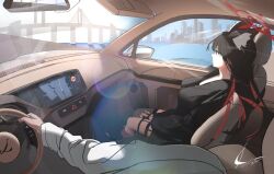 1girl animal_ears artist_signature black_hair car_interior grey_eyes luenar signature tagme vehicle vehicle_interior