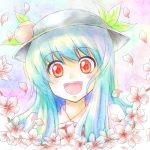  blue_hair blush commentary faux_traditional_media flower food fruit hat hinanawi_tenshi long_hair making_of open_mouth peach petals portrait red_eyes shimada_(simada_bu) solo touhou traditional_media watercolor_(medium) 