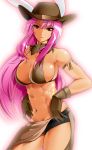  abs alternate_costume animal_ears bare_shoulders bikini_top bowa breasts bunny_ears cleavage cowboy_hat fit gloves hat large_breasts long_hair muscle navel pink_hair purple_hair red_eyes reisen_udongein_inaba shorts simple_background solo tan toned touhou very_long_hair western 