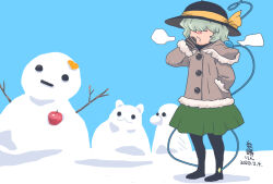  1girl apple black_hat black_pantyhose black_shoes blue_sky bow brown_coat brown_mittens buttons clear_sky coat commentary_request dated day food fruit full_body green_hair green_skirt hair_over_eyes hat hat_bow heart kaenbyou_rin kaenbyou_rin_(cat) komeiji_koishi komeiji_satori mittens onikobe_rin open_mouth outdoors pantyhose reiuji_utsuho reiuji_utsuho_(bird) shoes short_hair skirt sky snow snowman solo standing third_eye touhou yellow_bow 