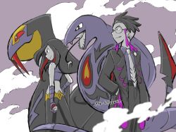  1boy 1girl arbok black_hair closed_mouth collared_shirt commentary_request corbeau_(pokemon) crop_top eyewear_strap fangs forked_tongue glasses hand_in_pocket highres holding holding_poke_ball long_hair long_sleeves lucy_(pokemon) multicolored_hair necktie pants poke_ball poke_ball_(basic) pokemon pokemon_(creature) pokemon_emerald pokemon_legends:_z-a pokemon_rse red_hair sa_tetsubwsm seviper sharp_teeth shirt simple_background teeth tongue twitter_username 
