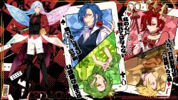  2girls 3boys ;d ace_(playing_card) ace_of_spades aqua_hair argyle_background argyle_clothes armor black_boots black_bow black_bowtie black_choker black_gloves black_vest blonde_hair blue_hair blue_wings boots border bow bowtie brooch candy_hair_ornament card center_frills choker cigarette closed_mouth clover_earrings clovis_aureole coattails collarbone collared_shirt colored_eyelashes colored_inner_hair crown curtained_hair dairoku_ryouhei diamond-shaped_earrings dress earrings expressionless eyeliner fairy_wings food-themed_hair_ornament frilled_sleeves frills frown full_body gem gloom_(expression) gloves gold_trim green_bow green_dress green_eyeliner green_lips green_nails green_wings hair_between_eyes hair_bow hair_ornament hand_up heart heart_brooch heart_earrings high_heel_boots high_heels highres holding holding_poker_chip holding_scepter holographic_interface interlocked_fingers jack_(playing_card) jack_of_diamonds jacket jewelry joker_(playing_card) juliet_sleeves king_(playing_card) king_of_hearts_(playing_card) l_(matador) long_hair long_sleeves looking_at_viewer low_ponytail makeup mini_crown multicolored_hair multicolored_wings multiple_boys multiple_girls nail_polish one_eye_closed open_collar orange_gemstone orange_scarf outside_border own_hands_together pants pink_dress pink_hair pink_wings playing_card poker_chip ponytail puffy_short_sleeves puffy_sleeves queen_(playing_card) queen_of_clubs red_background red_bow red_bowtie red_choker red_eyes red_hair red_shirt scarf scepter shirt short_hair short_sleeves shoulder_armor side_part sleeve_bow smile spade_(shape) spade_earrings split_screen standing swept_bangs thigh_boots through_medium traditional_bowtie tuxedo_shirt unlit_cigarette_in_mouth upper_body vest wavy_hair white_border white_gloves white_hair white_pants white_shirt wings yellow_jacket yellow_wings 
