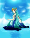  1girl absurdres armlet character_request green_hair highres long_hair pointy_ears red_eyes seiken_densetsu seiken_densetsu_2 tiara very_long_hair water 