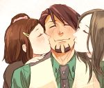  2girls age_difference amamiya_tomoe braid brown_hair cheek_kiss citric512 closed_eyes double_cheek_kiss eyes_closed facial_hair family father_and_daughter girl_sandwich hair_ornament hairclip kaburagi_kaede kaburagi_t_kotetsu kaburagi_tomoe kiss long_hair multiple_girls necktie one_side_up short_hair side_ponytail stubble tiger_&amp;_bunny vest waistcoat 