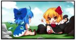  2girls ahoge blonde_hair bloomers blue_eyes blue_hair blue_sky bobby_socks border bow cirno clouds dress eye_contact grass gyamo hair_bow hair_ribbon long_sleeves looking_at_another mary_janes multiple_girls one_knee open_mouth outstretched_arms ribbon rock rumia shoes short_sleeves sitting skirt skirt_set sky socks spread_arms touhou tsurime underwear wings young 