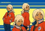  absurdres blonde_hair brown_eyes dark_skin gouenji_shuuya hands_in_pockets highres inazuma_eleven inazuma_eleven_(series) inazuma_eleven_go jacket jeans long_hair male open_mouth ponytail ray-lah smile zipper 