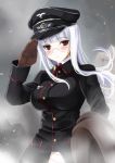  bad_id blush glasses gloves hat heidimarie_w_schnaufer kyougoku_shin military military_uniform no_pants panties peaked_cap red_eyes salute silver_hair solo strike_witches underwear uniform 