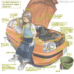  1girl 2025 apron arrow_(symbol) artist_name blue_apron blue_overalls blush book boots border brown_eyes brown_hair bucket car car_part castrol cat cat_tail closed_mouth commentary_request engine english_text full_body funnel_(tool) gloves grease_(mechanical) highres holding holding_book instruction_manual jettoburikku lace-up_boots leaning_against_vehicle license_plate logo mechanic medium_hair motor_oil motor_vehicle nissan nissan_micra open_car_hood original overalls pants pants_rolled_up pointing_out_the_details shirt short_sleeves simple_background solo standing tail tin_(container) translation_request white_background white_boots white_gloves white_shirt yellow_car 