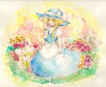 blonde_hair bow braid dress flower flower_field hat hat_bow highres holding holding_flower kirisame_marisa single_braid smelling_flower solo tigern touhou traditional_media watercolor_(medium) witch witch_hat yellow_eyes 