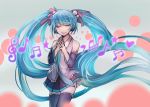  aqua_hair closed_eyes detached_sleeves eyes_closed hands_clasped hatsune_miku highres long_hair musical_note necktie ramble12 skirt solo thigh-highs thighhighs twintails very_long_hair vocaloid 