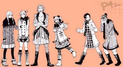  6+boys adachi_tooru artist_request coat crossdressinging curly_hair doujima_ryoutarou dress dresses fishnet_pantyhose fishnets hanamura_yousuke kuma_(persona_4) long_hair makeup monochrome multiple_boys muscle narukami_yuu nekki1224 pantyhose persona persona_4 tatsumi_kanji title_drop wig wigs 