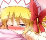  bed_sheet blonde_hair blue_eyes blush bow clenched_hand hair_bow happy_tears hat hat_ribbon lily_white long_hair lying on_stomach ribbon sheet_grab smile solo sweat tears touhou wink yutamaro 