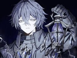  1boy absurdres arm_up blue_hair closed_mouth collared_jacket commentary_request crossed_bangs curtained_hair double-parted_bangs empty_eyes flins_(genshin_impact) frown genshin_impact grey_eyes hair_between_eyes high_collar highres holding holding_lantern jacket koumimi lantern long_sleeves looking_down male_focus sleeve_cuffs solo upper_body wing_collar 