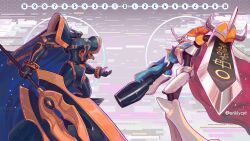  alphamon alphamon_ouryuuken arm_blade arm_cannon armor black_armor black_helmet blue_cape blue_eyes cape cowboy_shot digimon digimon_(creature) digimon_card_game eriknolies helmet highres knight mecha red_cape robot sword weapon white_armor 