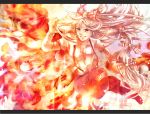  bow clenched_teeth fiery_background fire fujiwara_no_mokou gradient hair_bow highres letterboxed long_hair silver_hair solo tasuku_(otomebotan) touhou unbuttoned 