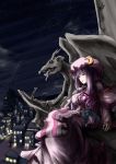  bad_id bat_wings blush breasts city crescent dress gargoyle hat highres inaba-usagi long_hair night night_sky open_mouth patchouli_knowledge purple_eyes purple_hair ribbon sitting sky solo star_(sky) statue touhou violet_eyes wings 