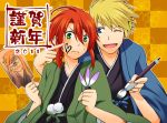  2boys blonde_hair blue_eyes checkered checkered_background frown green_eyes guy_cecil jade_curtiss japanese_clothes kimono luke_fon_fabre male multiple_boys orange_background paintbrush pom_pom_(clothes) red_hair redhead smile tales_of_(series) tales_of_the_abyss wink yutaka_(toridori) 