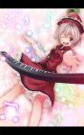  blush grey_eyes grey_hair hat highres instrument keyboard_(instrument) letterboxed lyrica_prismriver musical_note s-syogo skirt smile solo star touhou wink 