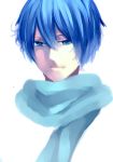  1boy blue_eyes blue_hair bust kaito male mihatarou scarf simple_background solo vocaloid white_background 