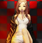  bad_id brown_eyes brown_hair checkered checkered_background days jacket long_hair looking_at_viewer midriff mouth_hold off_shoulder open_mouth original short_shorts shorts signature sitting solo straw tank_top 