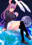  animal_ears bad_id bottom_touching_surface breasts bunny bunny_ears crossed_legs cup earth giantess highres kneehighs legs legs_crossed long_hair masao miniskirt moon necktie pink_eyes pink_hair pleated_skirt rabbit reisen_udongein_inaba sitting skirt solo thighs touhou wink 