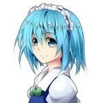  alternate_costume alternate_hair_color blue_eyes blue_hair bow cirno cosplay dawndusk enmaided izayoi_sakuya izayoi_sakuya_(cosplay) maid maid_headdress simple_background smile solo touhou white_background 