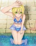  ahoge bad_id bikini blonde_hair breasts cleavage face fate/stay_night fate_(series) foreshortening frilled_bikini frills green_eyes hands perspective pool purdre saber shading_eyes smile soaking_feet solo swimsuit 