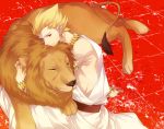  armlet blonde_hair bracelet closed_eyes earrings eyes_closed fate/zero fate_(series) gilgamesh jewelry lion male necklace red_background red_eyes short_hair toga xia_(ryugo) 