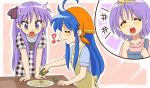 :3 =_= blue_hair chunpai head_scarf hiiragi_kagami hiiragi_tsukasa izumi_konata long_hair lucky_star multiple_girls musical_note open_mouth purple_hair smile 
