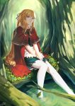  absurdres apron blonde_hair blue_eyes cape feet_in_water flower highres little_red_riding_hood little_red_riding_hood_(grimm) liuli long_hair looking_at_viewer mole parted_lips rose side_ponytail sitting soaking_feet solo thigh-highs thighhighs tree water white_legwear 