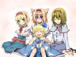  alice_margatroid alice_margatroid_(pc-98) animal_ears blonde_hair blue_dress blue_eyes capelet cat_ears cat_tail closed_eyes collaboration dress eyes_closed fuji_tsugu hair_ribbon hairband hug hug_from_behind kemonomimi_mode meltedsnowjaspers multiple_girls multiple_persona open_mouth pantyhose ribbon sash scarf shirt short_hair sitting skirt smile tail time_paradox touhou touhou_(pc-98) tsuno_no_hito yoshikawa25 yuuta_(monochrome) 