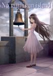  arm_up bare_shoulders bell blue_eyes bobby_socks book brown_hair building cloudy_sky collarbone cross dress english footwear highres holding lips looking_at_viewer mary_janes misakamitoko0903 original pink_dress shoes socks solo standing stone_wall tears wall wind 
