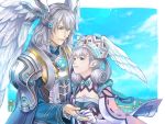  1girl blue_eyes cloud elbow_gloves feathers gloves hand_holding hat head_wings holding_hands jewelry kallian melia ohse ring silver_hair sky xenoblade 