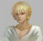  blonde_hair bust casual earrings face fate/zero fate_(series) gilgamesh grey_background jewelry lips luoyin male necklace realistic red_eyes short_hair 