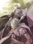  1girl armor armored_dress blonde_hair braid caster_(fate/zero) dress fate/apocrypha fate/zero fate_(series) flag gauntlets grey_hair headpiece jeanne_d&#039;arc_(fate/apocrypha) jeanne_d'arc_(fate/apocrypha) knight long_hair marymary24 purple_eyes ruler_(fate/apocrypha) single_braid violet_eyes 