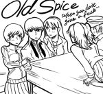  4girls amagi_yukiko bb_(baalbuddy) blush cabbie_hat drawfag grand_piano harem hat instrument kujikawa_rise long_hair monochrome multiple_girls narukami_yuu old_spice persona persona_4 piano pimp profanity satonaka_chie school_uniform shirogane_naoto shirt short_hair track_jacket twintails 