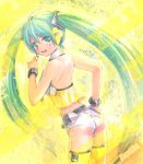  alternate_costume aqua_eyes aqua_hair ass back bracelet hatsune_miku headphones headset jewelry long_hair looking_back mayo_riyo midriff project_diva project_diva_2nd smile solo thigh-highs thighhighs traditional_media twintails very_long_hair vocaloid yellow yellow_(vocaloid) 
