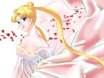  bare_shoulders bishoujo_senshi_sailor_moon blonde_hair blue_eyes breasts cleavage colored_eyelashes crescent double_bun facial_mark forehead_mark highres long_hair motofuture petals princess_serenity rose_petals sash solo tsukino_usagi twintails white_background 