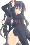  alternate_costume biting black_hair bow breasts choujigen_game_neptune crossed_legs hair_bow hair_ornament long_hair minagi noire red_eyes ribbon school_uniform sitting solo thigh-highs thighhighs very_long_hair wink 