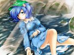  blue_eyes blue_hair blush breasts hair_bobbles hair_ornament hat highres kawashiro_nitori key lying on_back open_mouth pr0vidence red_star_(toranecomet) river rock short_hair skirt smile solo sunlight touhou twintails water wet wet_clothes 