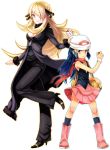  2girls blonde_hair blue_eyes blue_hair boots breasts hair_over_one_eye height_difference high_heels highres hikari_(pokemon) holding holding_poke_ball large_breasts long_hair multiple_girls poke_ball pokemon pokemon_(game) pokemon_dppt rex_k shirona_(pokemon) shoes skirt smile wristband yellow_eyes 