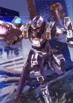  beam_rifle building character_request city dated debris glowing glowing_eyes gun horn mecha no_humans original red_eyes rettag rifle ruins solo weapon 