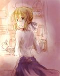  ahoge blonde_hair blush crumbs embarrassed fate/stay_night fate_(series) food green_eyes hair_ribbon looking_back open_mouth refrigerator ribbon saber solo tbsk2142 